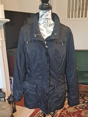 White House Black Market Black Utility Jacket with Zip & Snap Front Large.